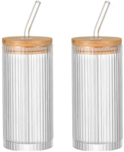 Glass Cup Wooden with Straw